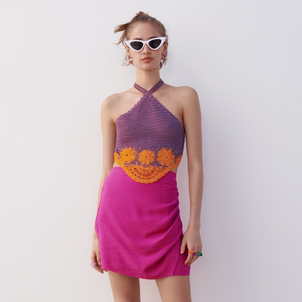 NWOT Zara Pink Linen Mini Skirt with Slit and Ruching